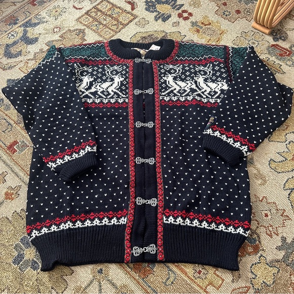 NWT Vintage Dale of Norway Red and Blue Reindeer Chunky Cardigan Sweater sz L - Picture 3 of 9